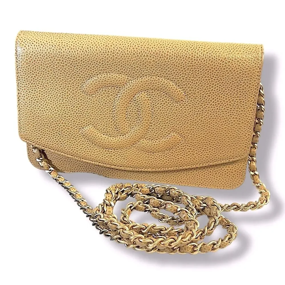 CHANEL AUTH Tan Leather Cavier Shoulder or Crossbody Bag with Gold Chain